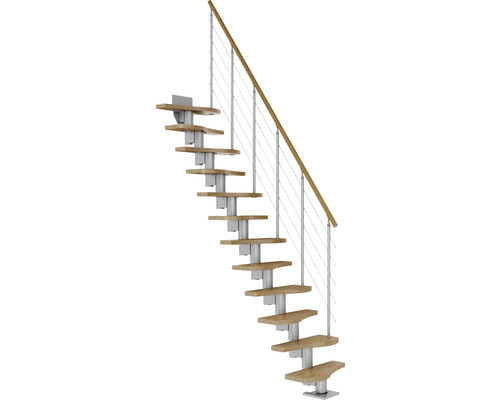 Pertura middentrap, ruimtebesparende trap Vaia, parelgrijs, variabel, kwartslag, links/rechts onder, recht, 64 cm, balustrade, eiken gelamineerd hout, gelakt, 11 treden / 12 stootborden