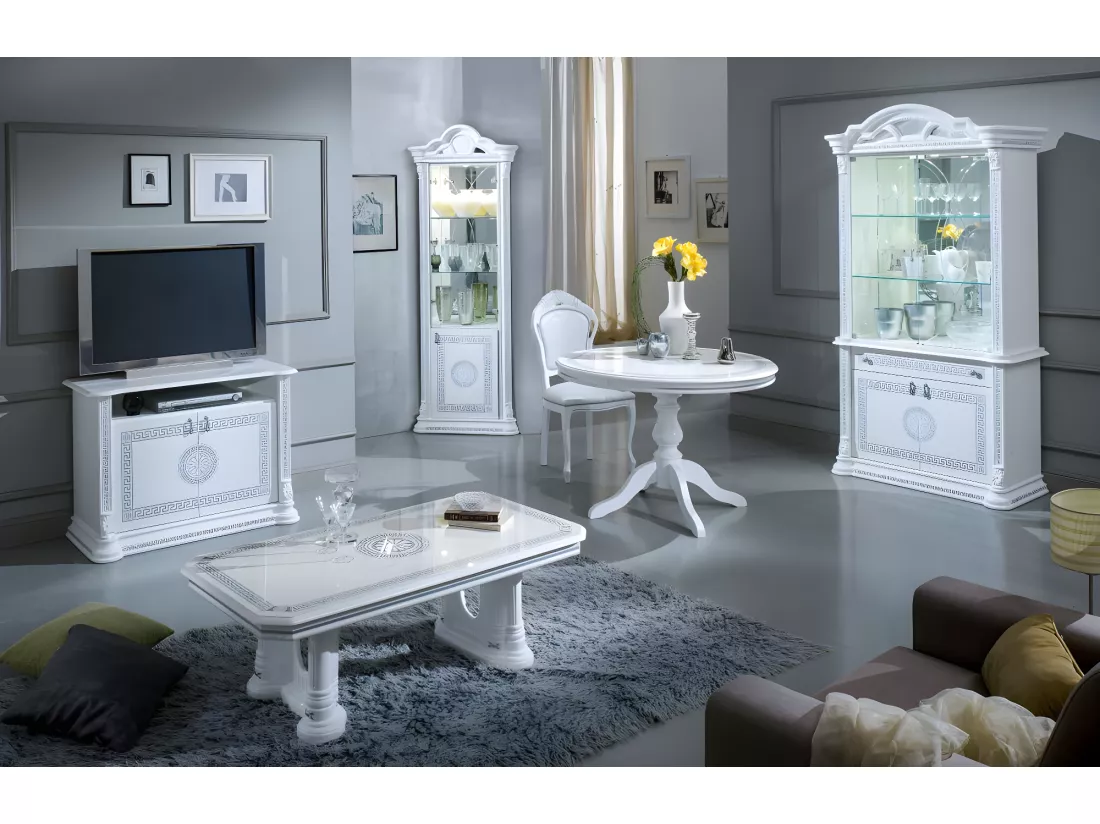 Vitrine 4 portes 1 tiroir bois vernis laqué brillant blanc et gris Venus 105cm