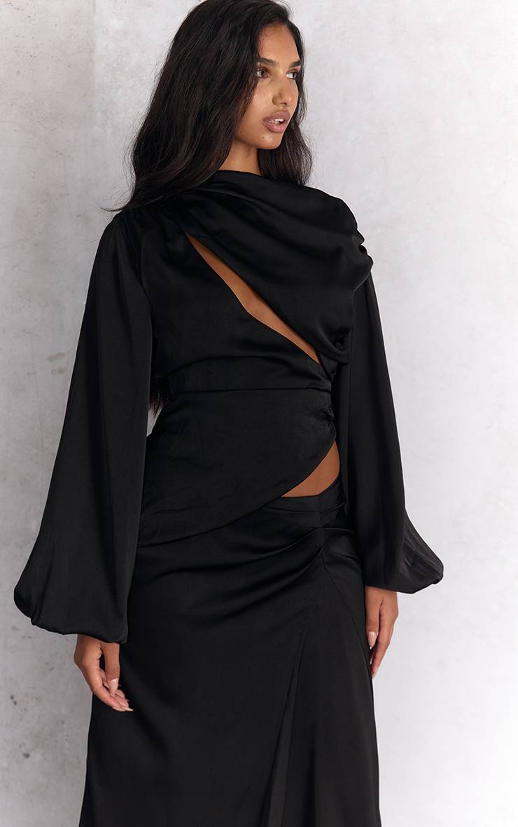 Noir Ensemble Coordonné Blouse Satinée À Manches Longues Et Découpes