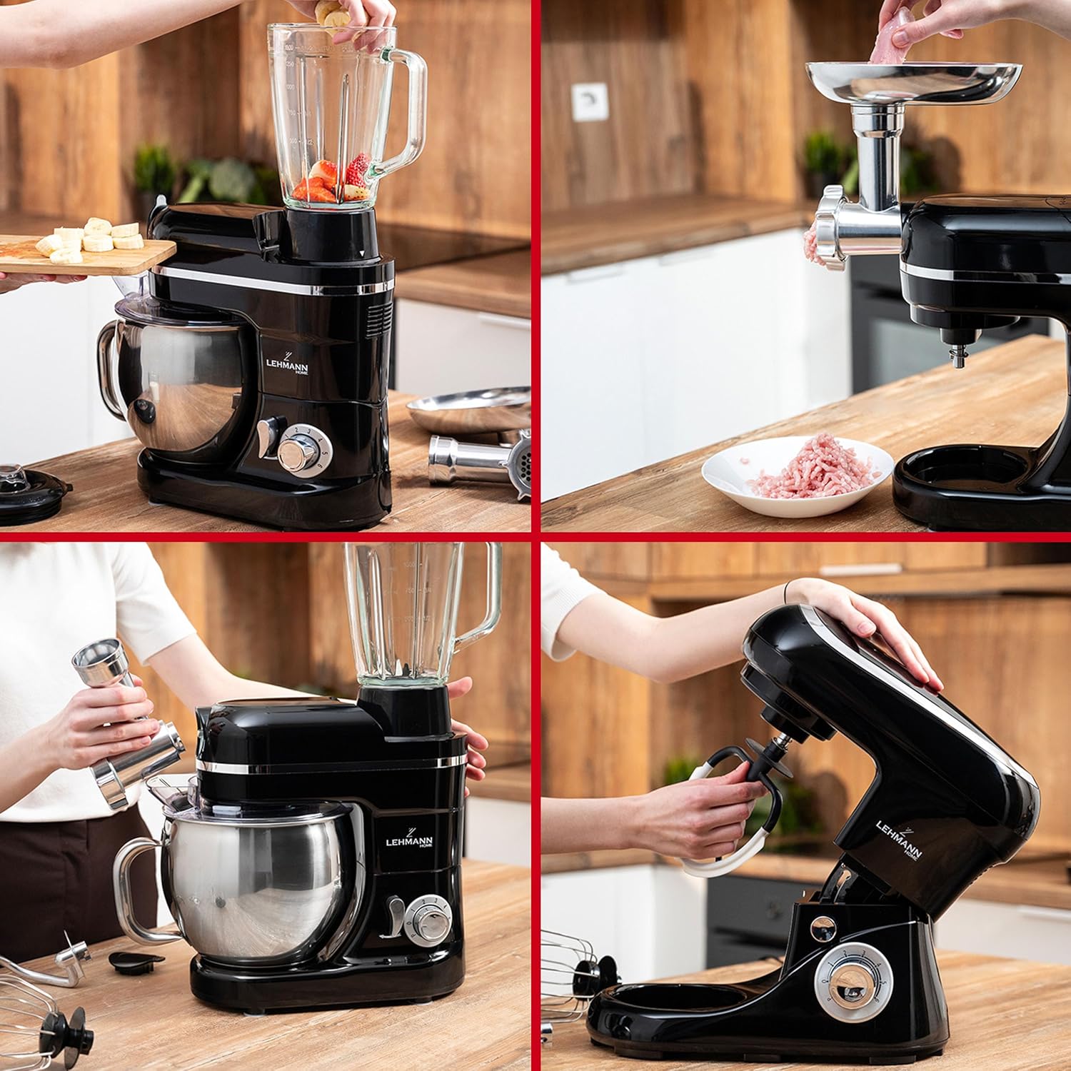LEHMANN 3 in 1 Multifunktions Küchenmaschine mit Fleischwolf und 1.5L Standmixer, Knetmaschine mit 5L Edelstahlschüssel, 6 Geschwindigkeiten und Pulse, Rührmaschine mit großem Zubehör-Set