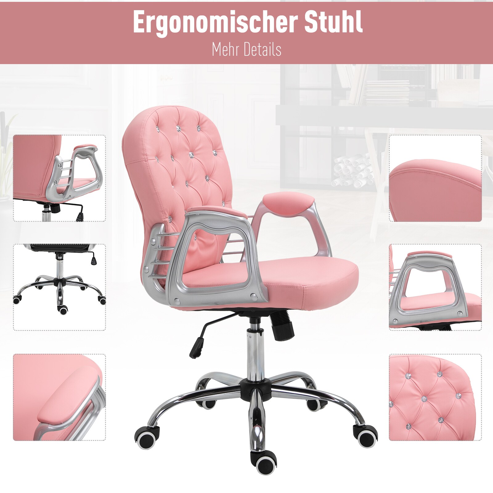Vinsetto Drehstuhl im eleganten Design rosa 59,5 x 60,5 x 95-105 cm (LxBxH)