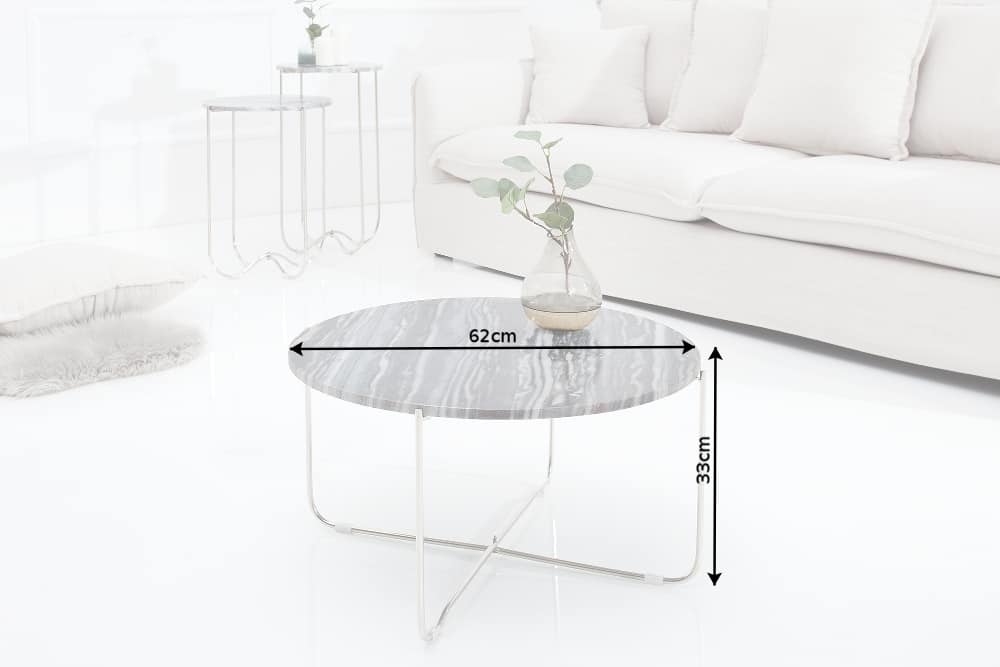 Exklusiver Couchtisch NOBLE 65cm grau echter Marmor rund silber Metall