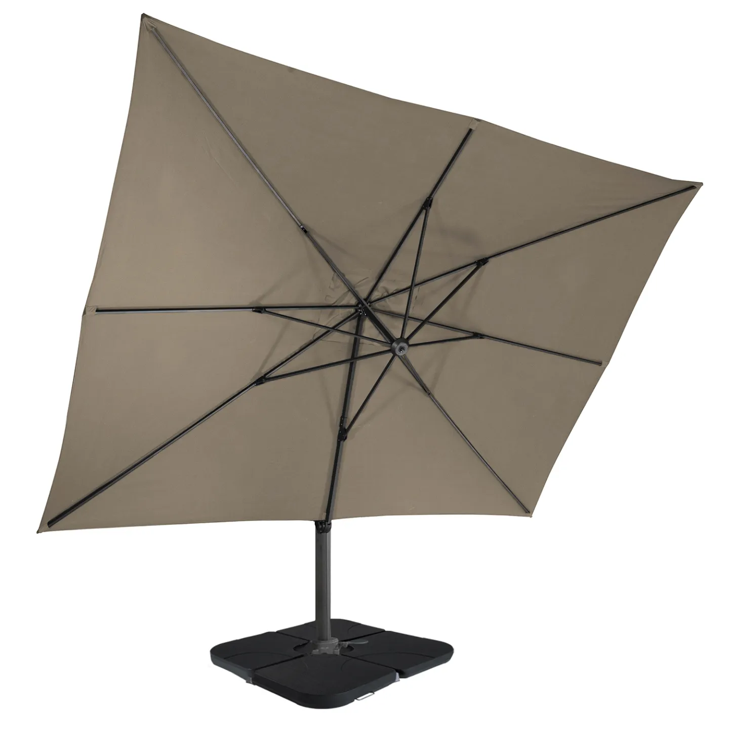 Parasol déporté rotatif 360 CALVI taupe 3x4 M avec 4 dalles et housse