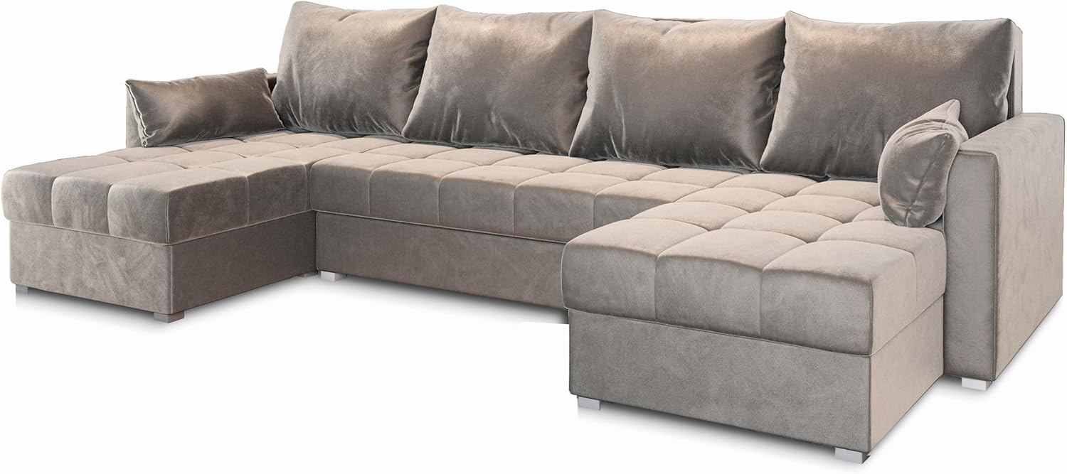 Masseno Ecksofa NAKO mit Schlaffunktion U-Form, Sofa mit Bettkasten, Wohnzimmersofa, Couch, Soffa, Bettsofa, Couchgarnitur- Beige, Paros 02