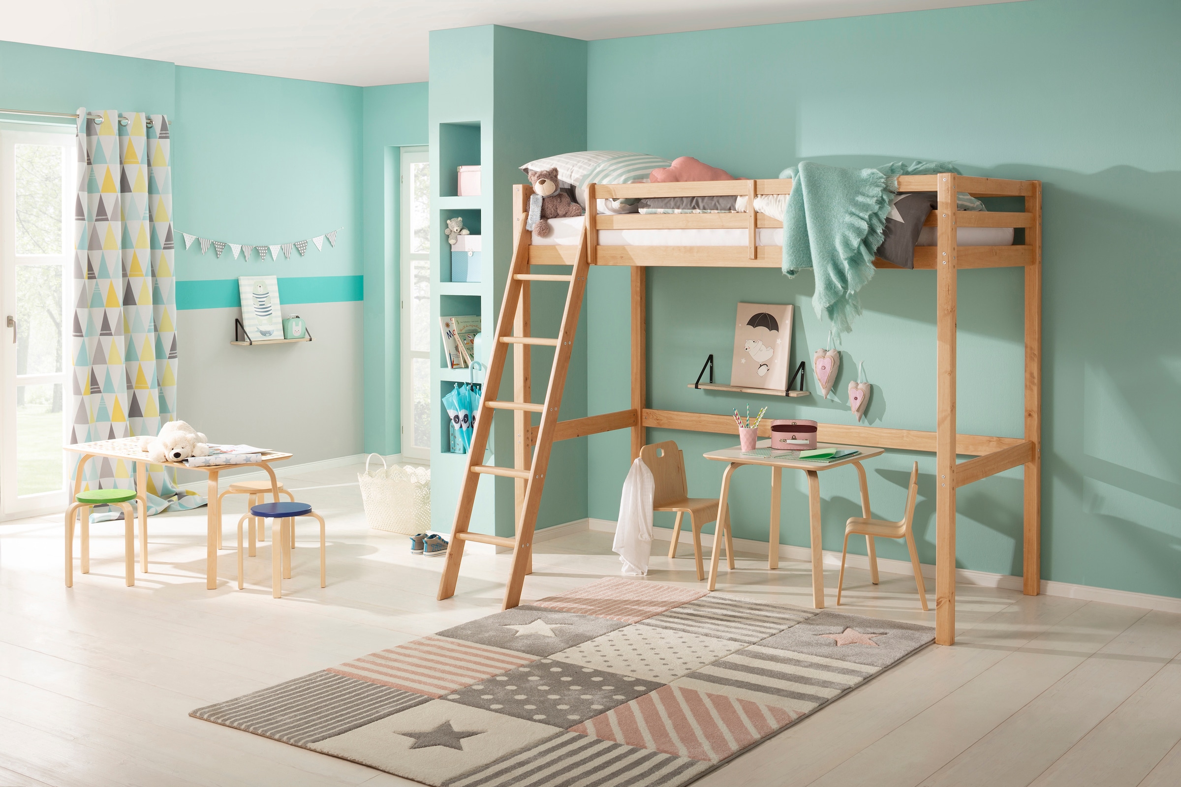 Lüttenhütt Kinderbett »Alpi, Hochbett, Stellfläche unter dem Bett« Kiefernholz, Inklusive Leiter und Lattenrost, Liegefläche 90x200 cm
