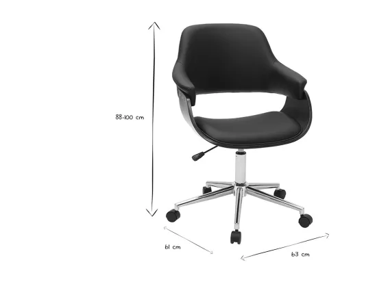 Chaise de bureau à roulettes design noir, bois foncé noyer et acier chromé HANSEN