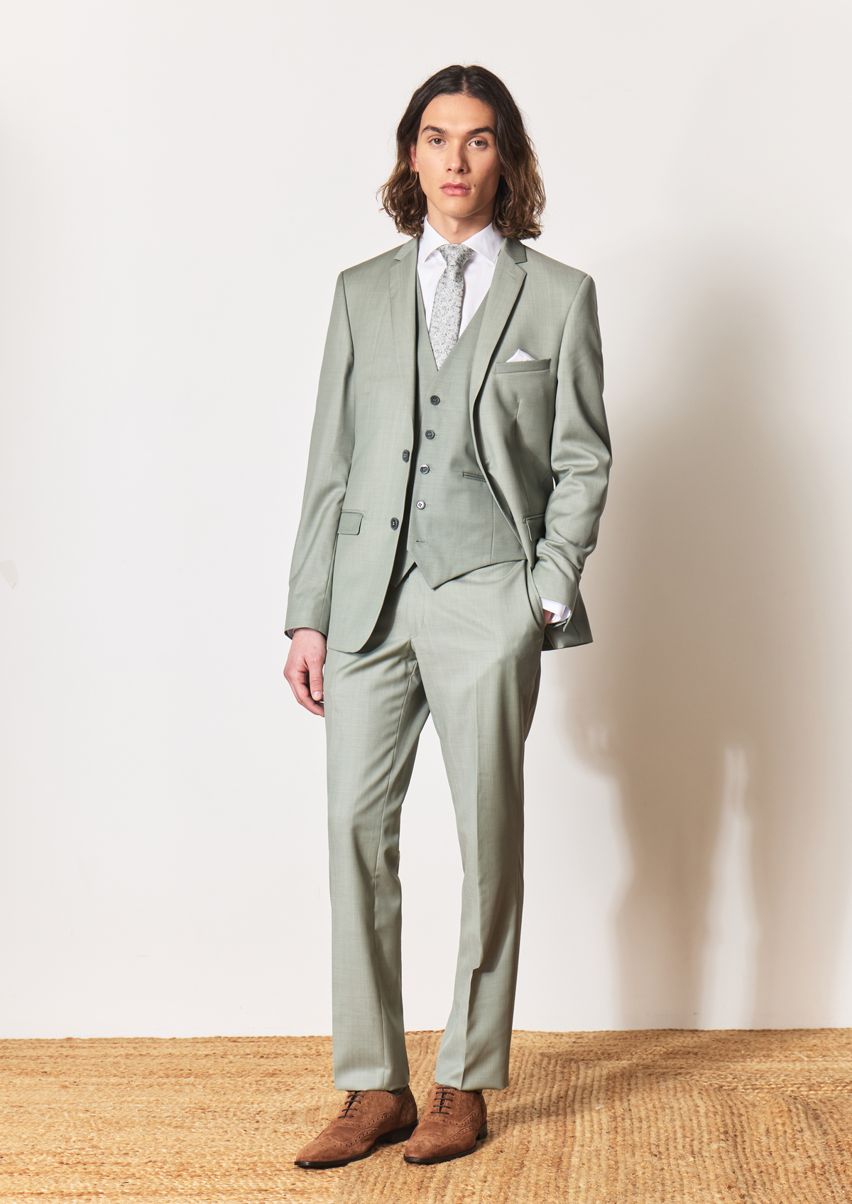 Costume 2 pièces Slim en laine unie vert d'eau