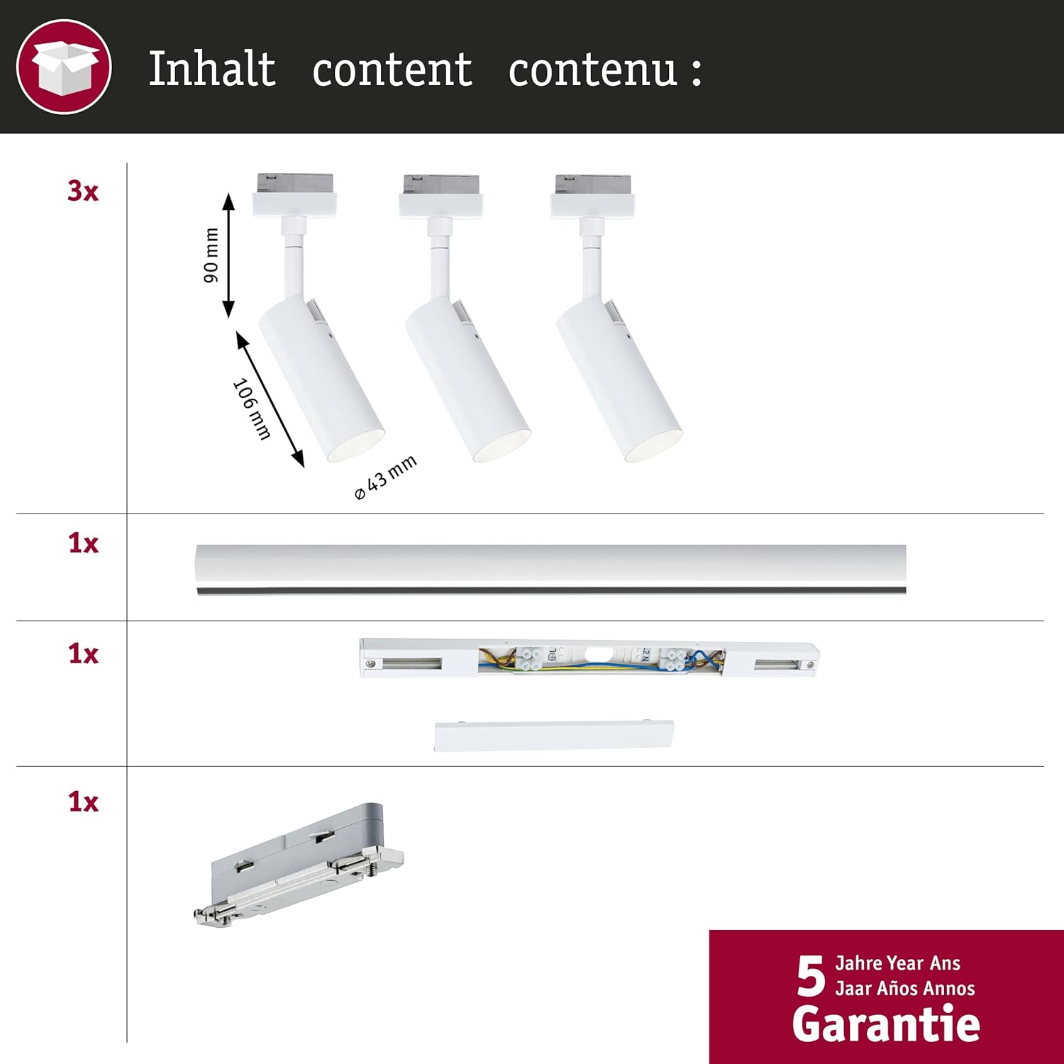 Paulmann 5243 URail LED Schienenspot Tubo Starterset 3x150lm 3x4W 3000K dimmbar 230V Signalweiß