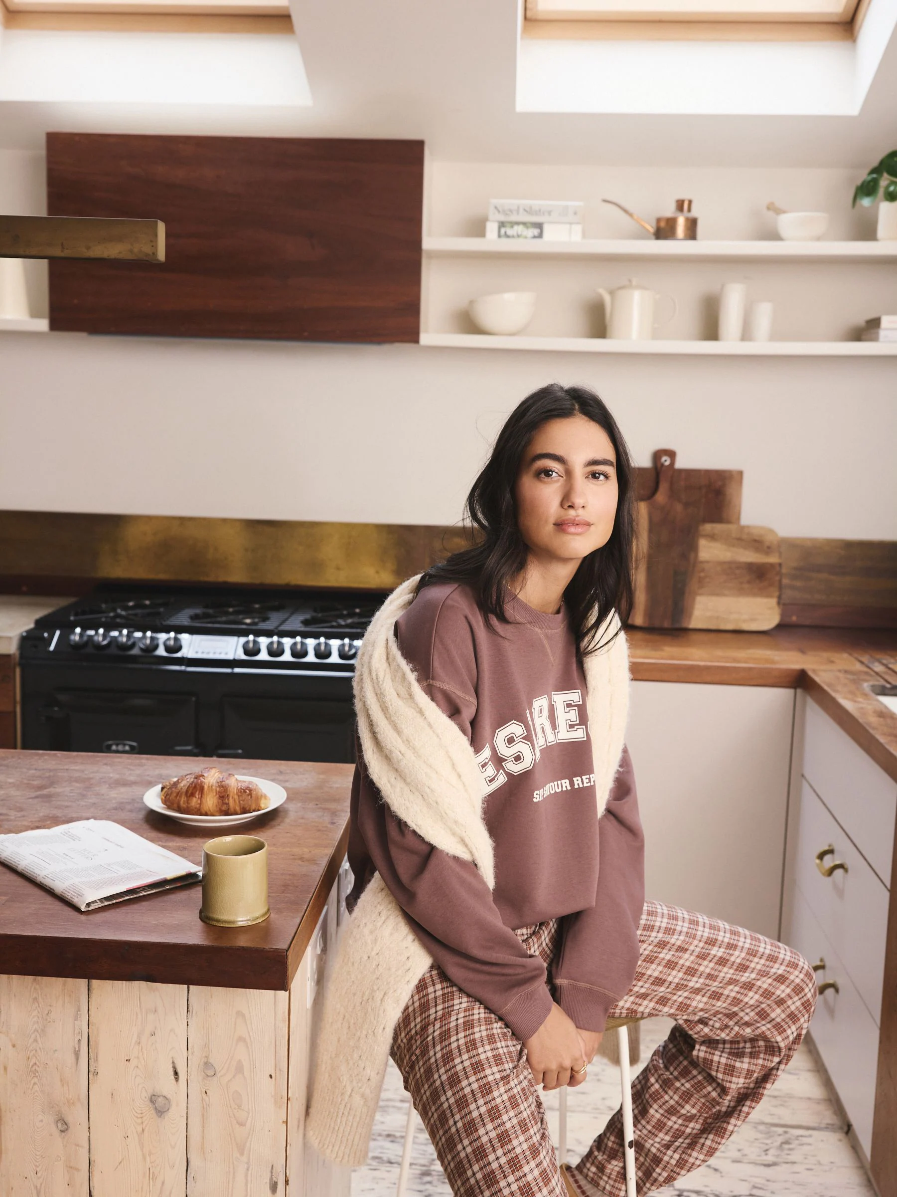 Espresso-bruin - Pyjama van sweatshirt en flanel
