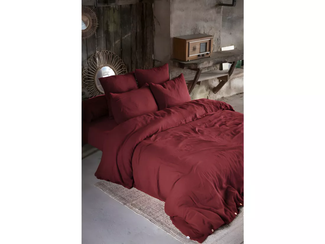 Parure de draps Gaze de Coton - Gaïa Lie de Vin - 4 pièces 1 Drap plat 270 x 300 + 1 Drap housse 180 x 200 + 2 Taies 60 x 60
