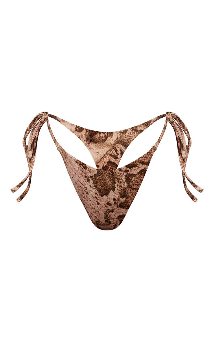 Marron Bas De Bikini Tanga À Imprimé Synthétique Avec Liens Sur Les Côtés