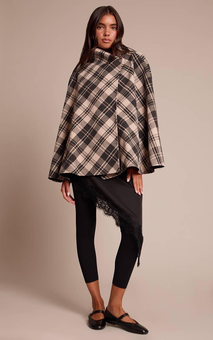 Noir Manteau Cache-cœur À Col Montant À Carreaux Monochromes