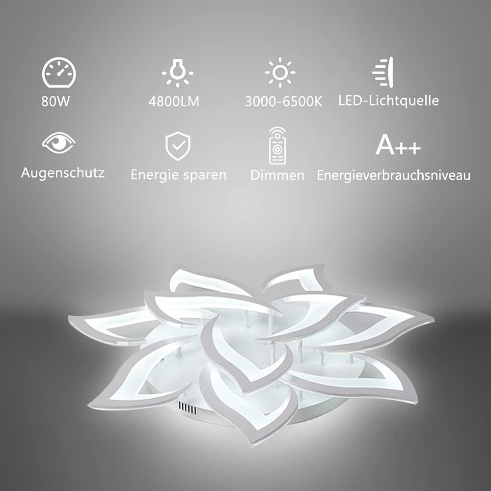 LED Deckenleuchte Dimmbar ,Wohnzimmerlampe mit Fernbedienung Farbwechsel ,Schlafzimmer Deckenlampe moderne Deckenbeleuchtung Deckenbeleuchtung Kronleuchter Lampe,Dimming 10 heads/Ø85cm/33.4in