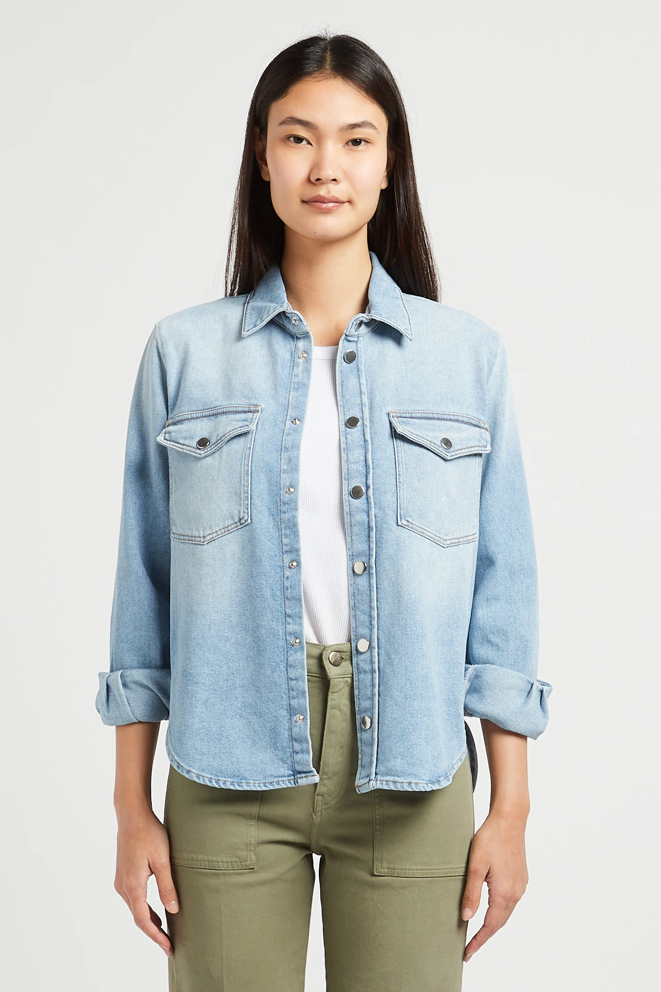 TOPAZE - Chemise droite col classique en denim stretch| Bleu
