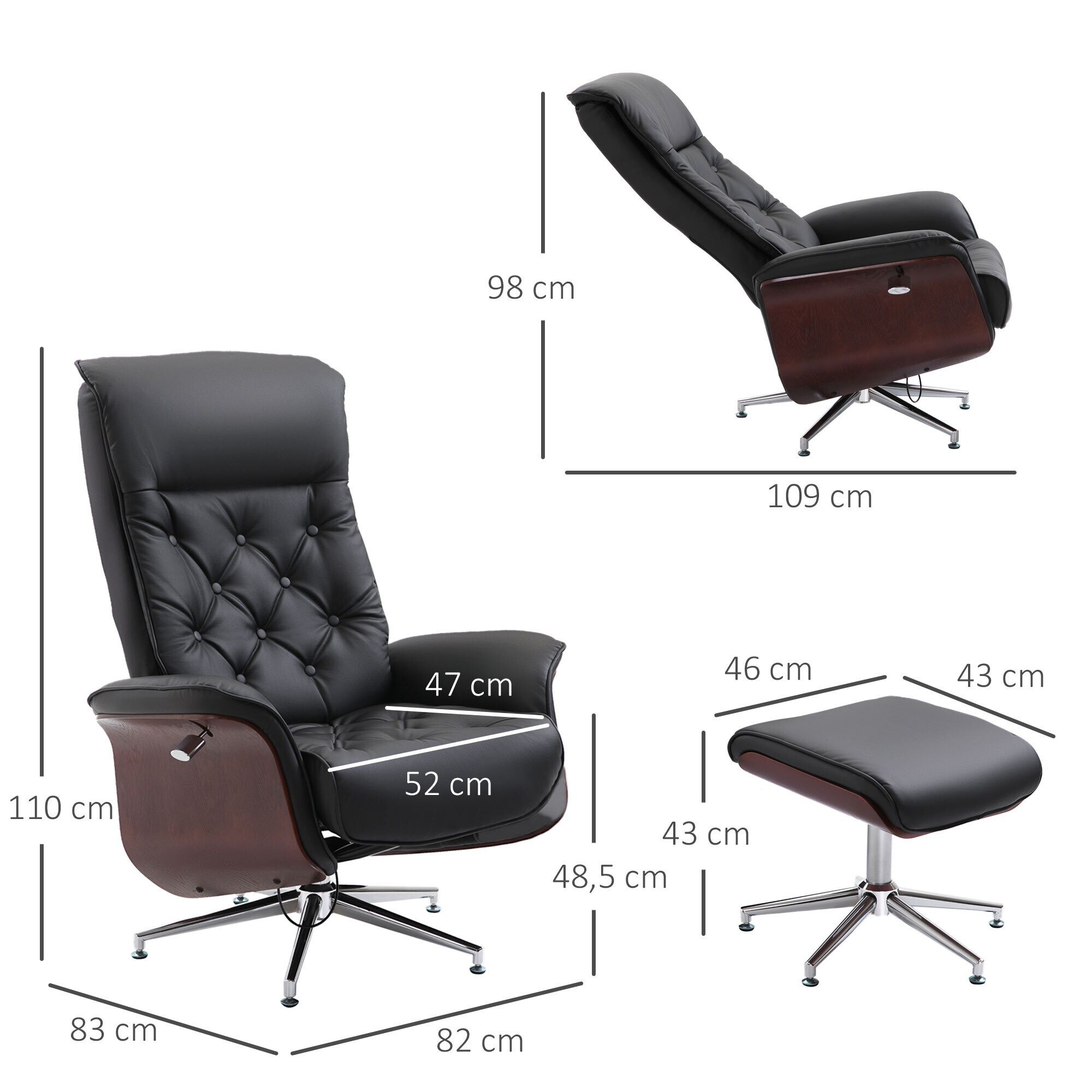 HOMCOM Chesterfield Sessel mit Hocker schwarz