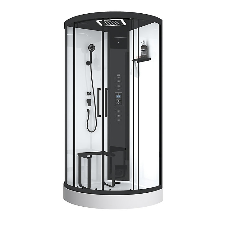Cabine de douche hydrommassante connectée quart de cercle 95 x 95 cm, noir et blanc, Galedo Hammam Round