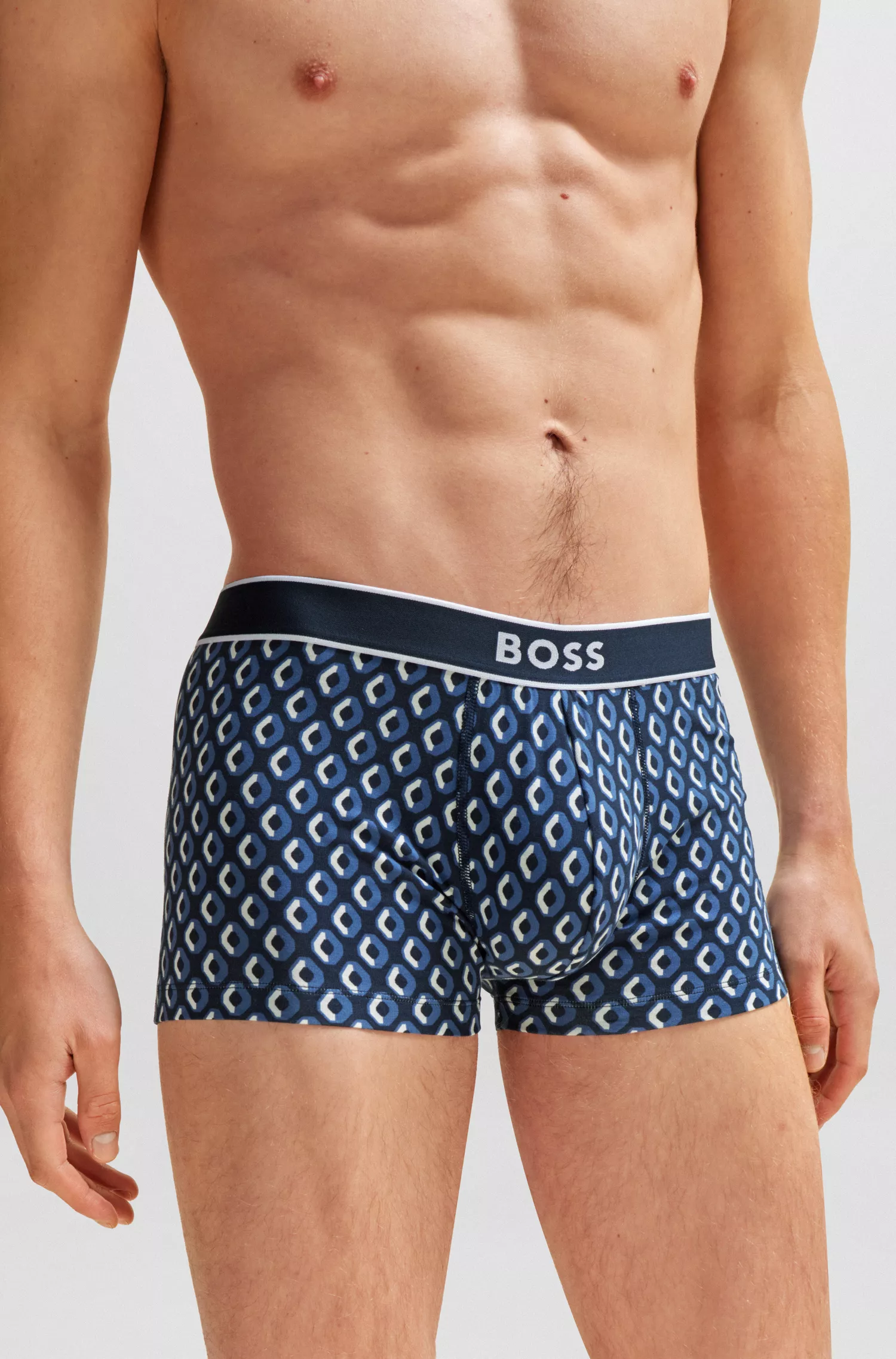 Cueca boxer BOSS preta de algodão stretch com cintura regular e estampa da estação.