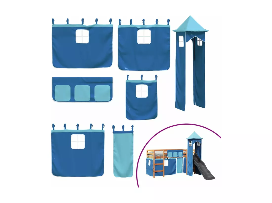 Lit mezzanine enfants avec tour bleu 80x200cm bois pin massif