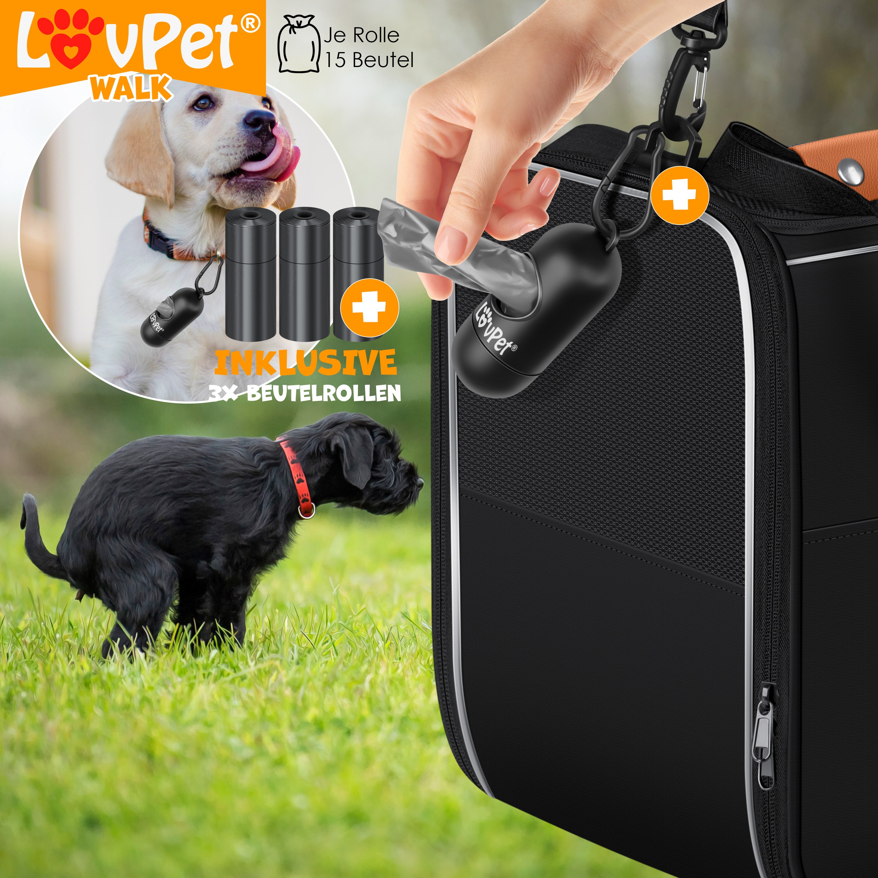 LOVPET® Hundebox Hundetasche Transportbox 2in1 Hunde & Katzentasche Hundetransportbox inkl. Pet-Kissen + 3x Beutelrollen + Napf 44x31x36xm Transporttasche für Haustiere, Haustiertransportbox