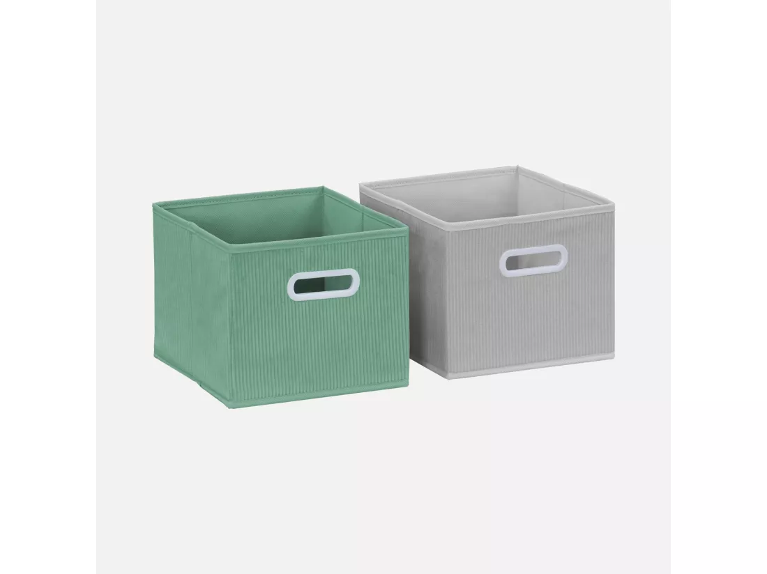 Meuble de rangement pour enfant avec 7 compartiments et 3 paniers verts et 3 paniers gris velours