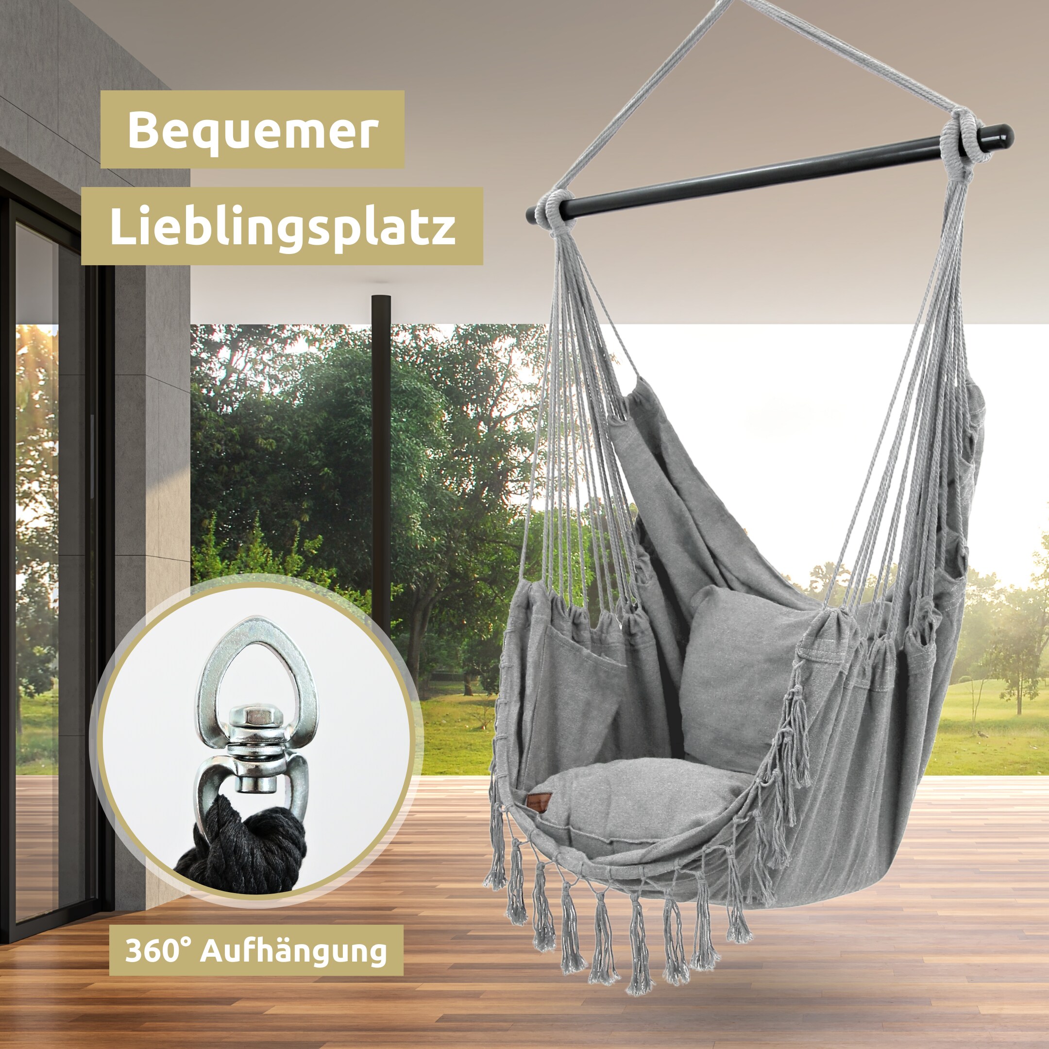 deluxe4home® Hängesessel mit 2 Kissen, Bücherfach und Kuscheldecke | Hellgrau