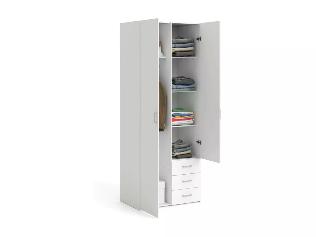 Armoire à deux portes et trois tiroirs, couleur blanche, Dimensions 77 x 200 x 49,5 cm