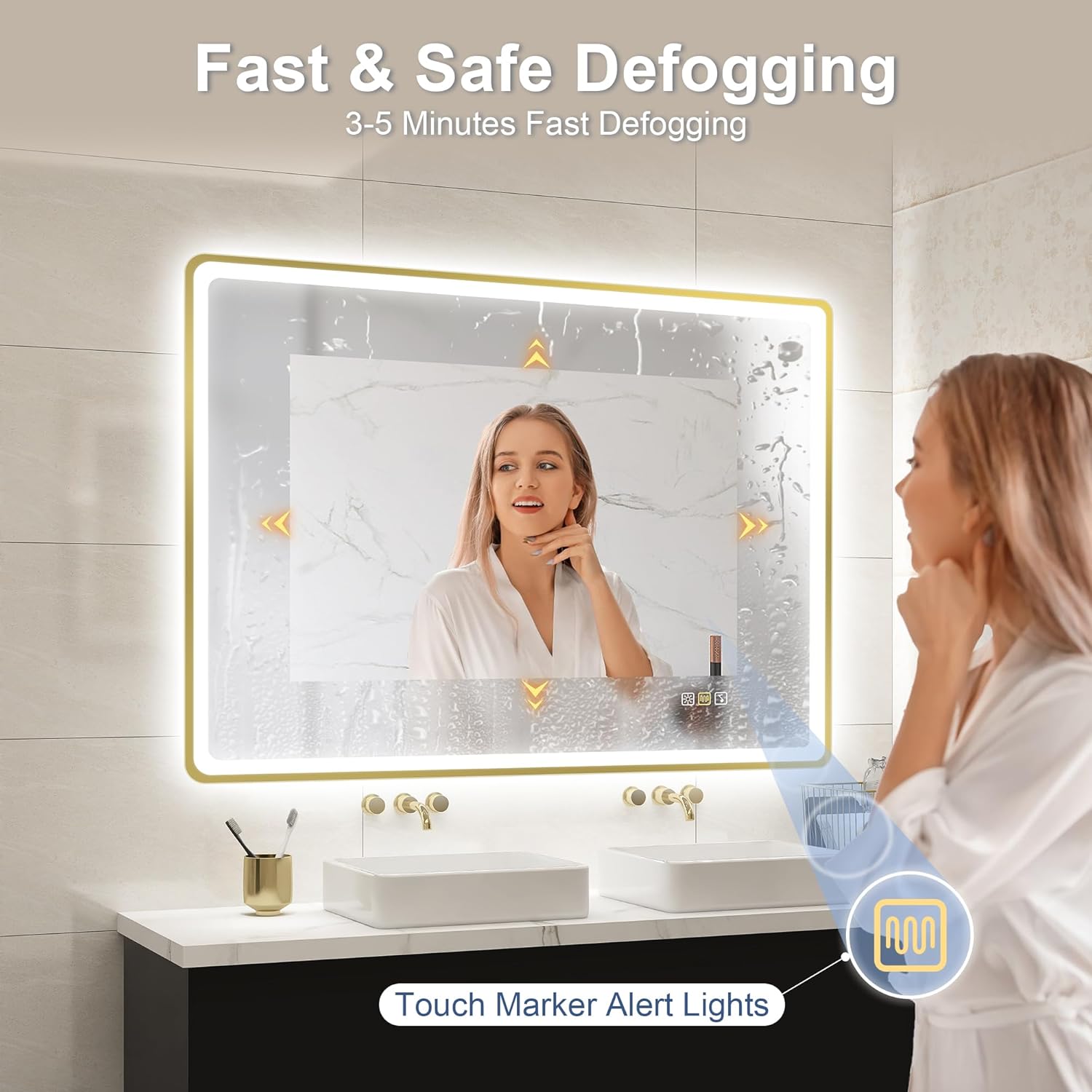 STARLEAD 100x70cm Golden LED-Badspiegel-mit-Beleuchtung und Bluetooth, Entfoggen, Dimmbar, 3 Lichtfarben, HD Gehärtetes Glas, IP44 Wasserdicht, Horizontal/Vertikal