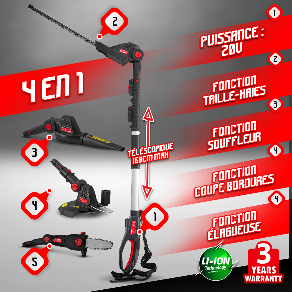 Outil de jardin multifonctions 4en1 sans fil 20v