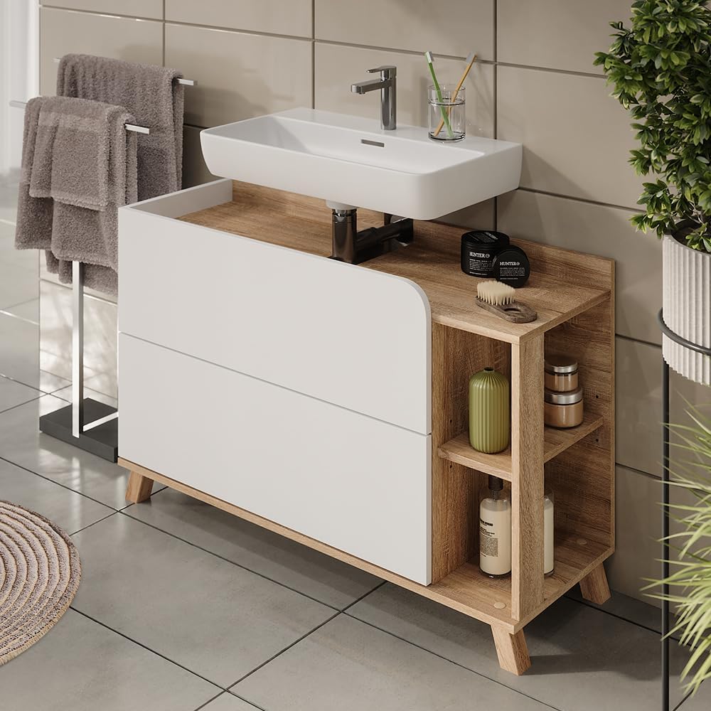 Vicco Waschbeckenunterschrank Sonoma/Weiß Karen 100x65x35 cm - Unterschrank für das Badezimmer, Übersichtliche Aufbewahrung durch großzügige Schublade