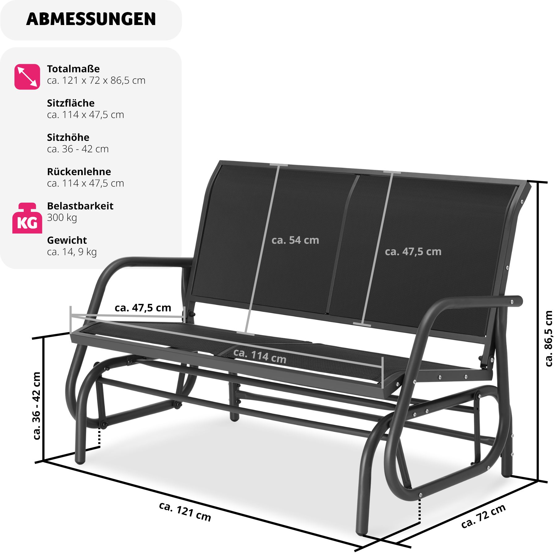 tectake® Schaukelbank, 2-Sitzer, sanfter Schaukelmechanismus, 121 x 72 x 86,5 cm