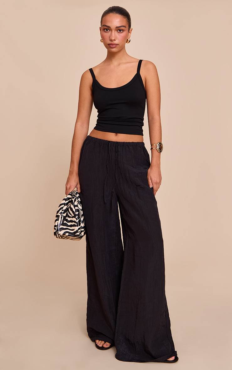 Noir Pantalon Taille Basse En Satin Froissé Avec Cordon De Serrage