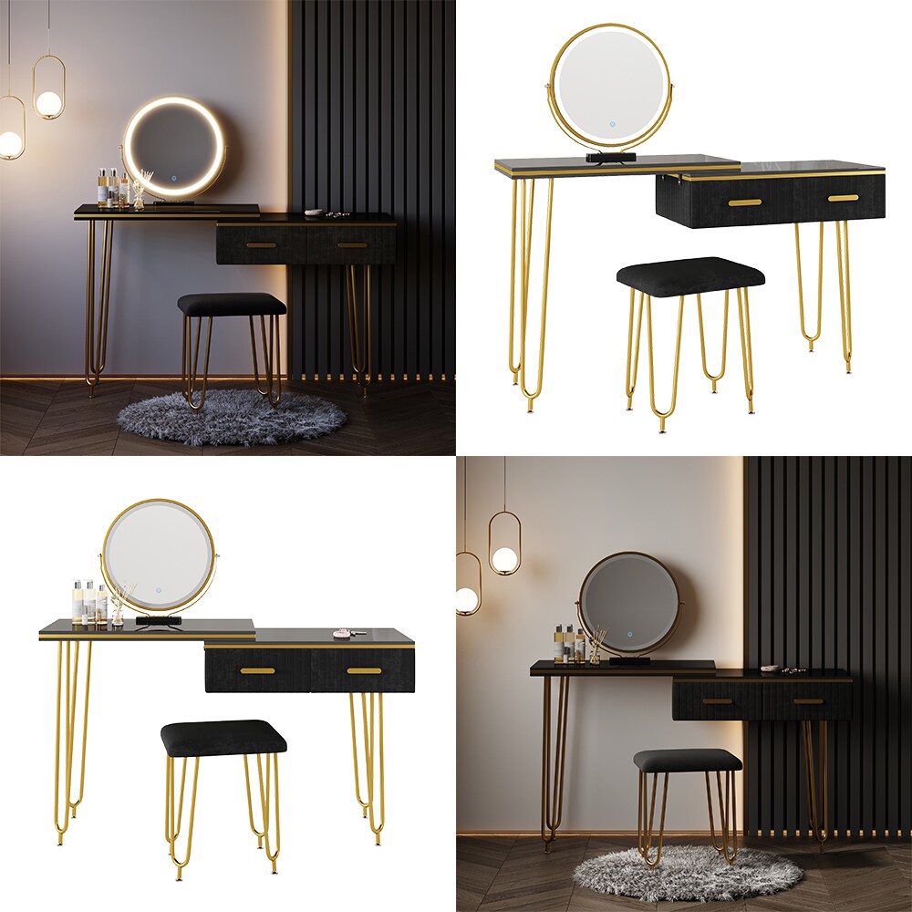 Vicco Schminktisch Zoey 120x37cm, Schwarz, Frisiertisch mit LED-Spiegel & Hocker
