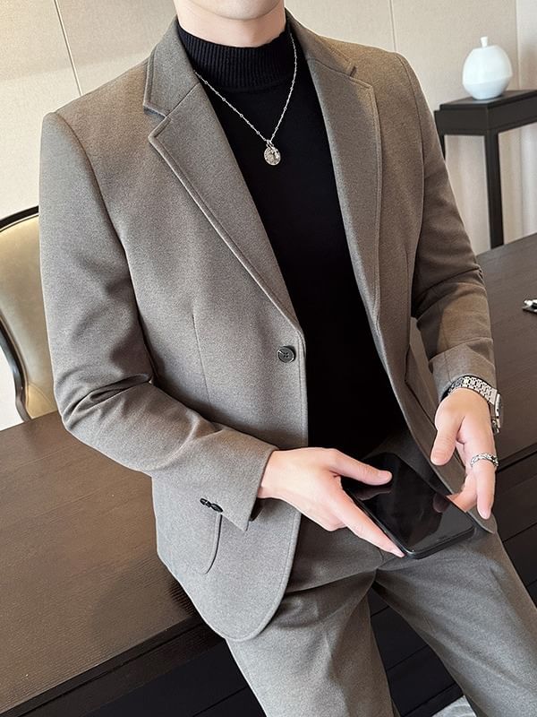 Lefitt - Effen enkelrijs blazer / Middelhoge taps toelopende pantalon / Set
