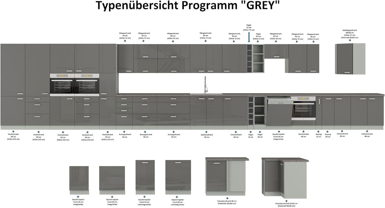 Küche Bianca Basic II 240 Küchenzeile Glanz Grau Küchenblock Einbauküche Grey