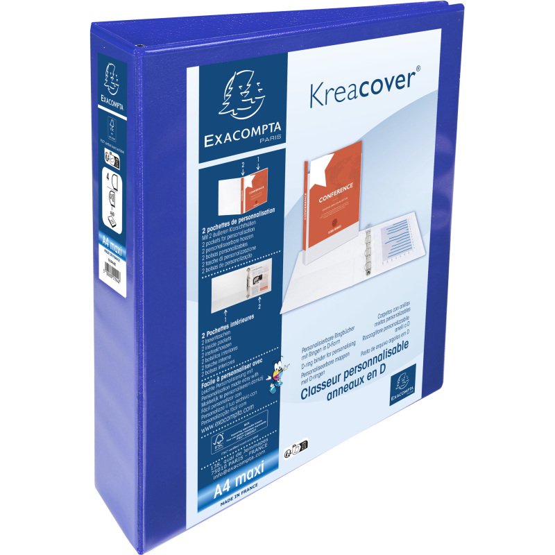 Classeur 4 anneaux plastifié Exacompta Kreacover® personnalisable A4 maxi - Dos 7,5 cm bleu