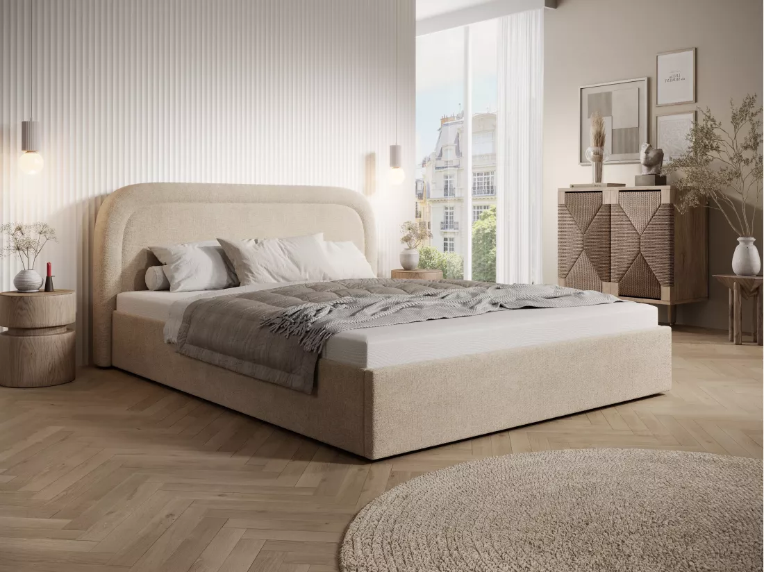 Lit coffre 160 x 200 cm - Tissu chiné - Beige - FIREZA II
