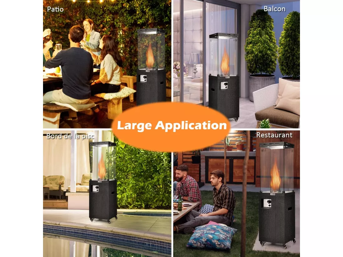 Chauffage de Terrasse Gaz 12 KW en Acier avec Protection Anti-Extinction et 4 Roues, Chauffage Exterieur à Roulettes avec Hosse de Protection