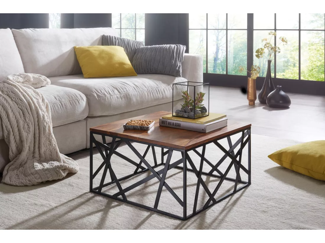 Table Basse Bois Massif Métal 60x35x60cm Table d'appoint Table de salon