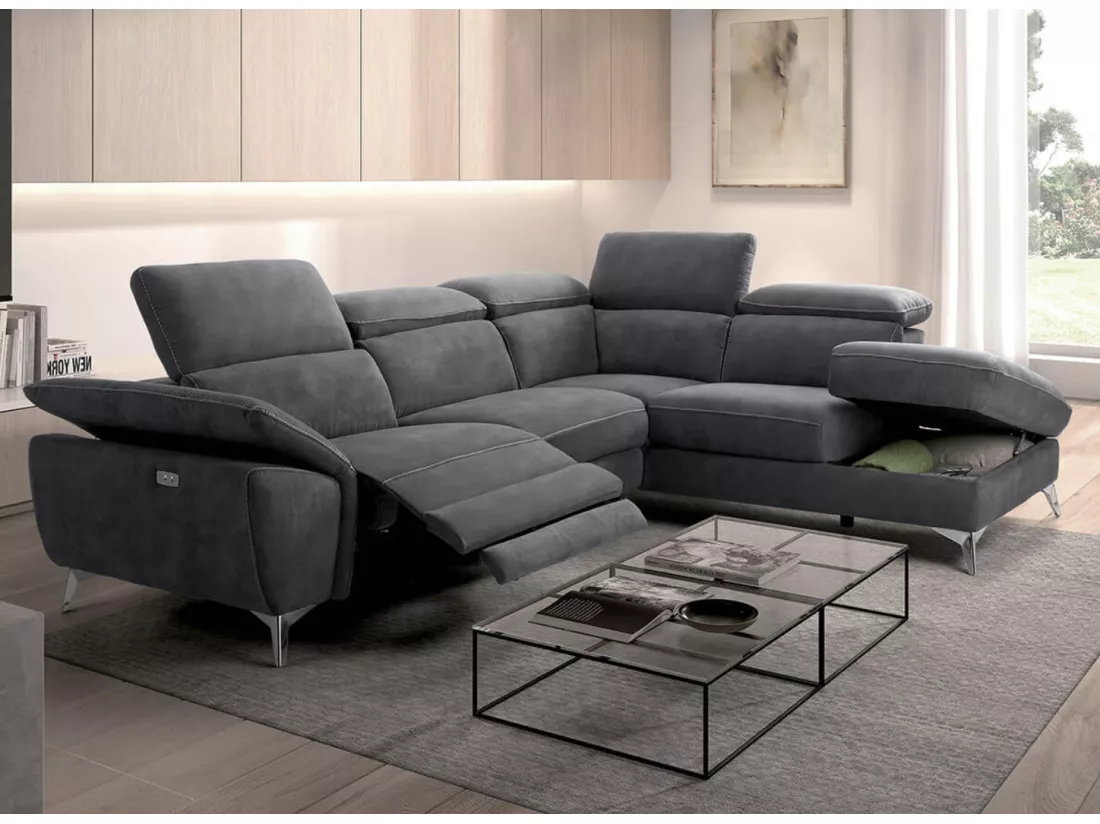 Canapé d'angle de relaxation électrique microfibre Skina-Couleur Gris foncé-angle gauche