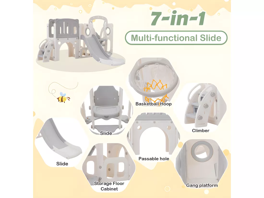 Toboggan pour enfants 7 en 1 - composé d'un toboggan, d'une balançoire, d'un panier de basket, d'un escalier, d'un tunnel, d'un passerelle et d'un rangement - Polyéthylène - Gris clair