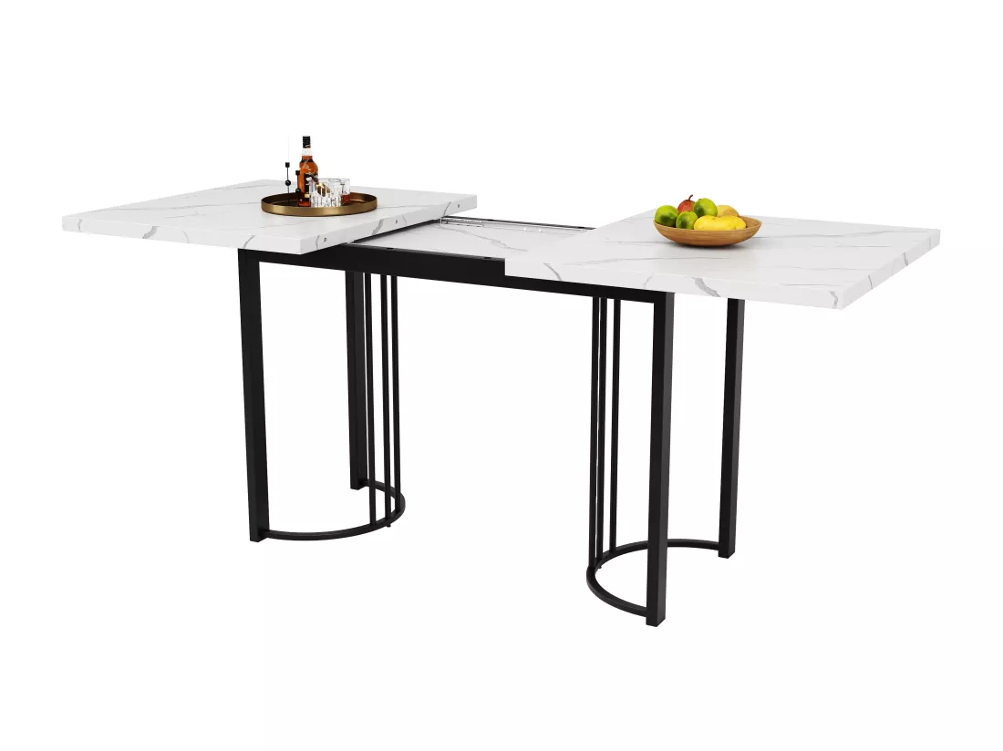 Table à manger escamotable（140-179.5x80cm)- en MDF & Métal - plateau effet marbre - Blanc