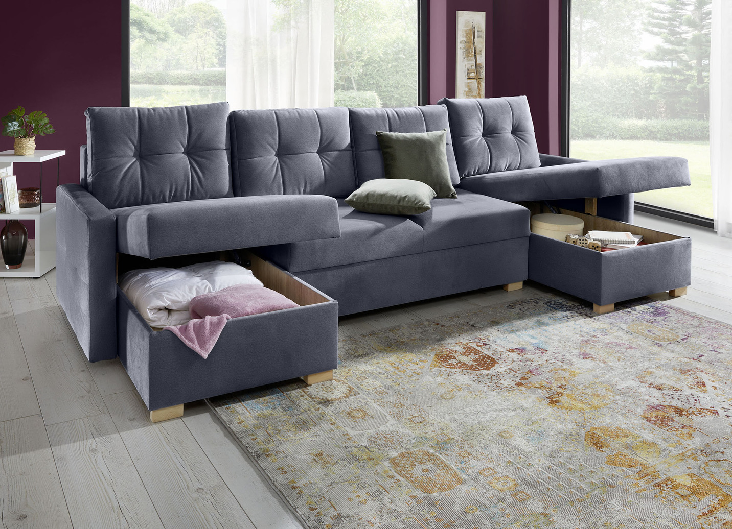 Gemütliche Wohnlandschaft mit Bettfunktion und 3 Bettkästen