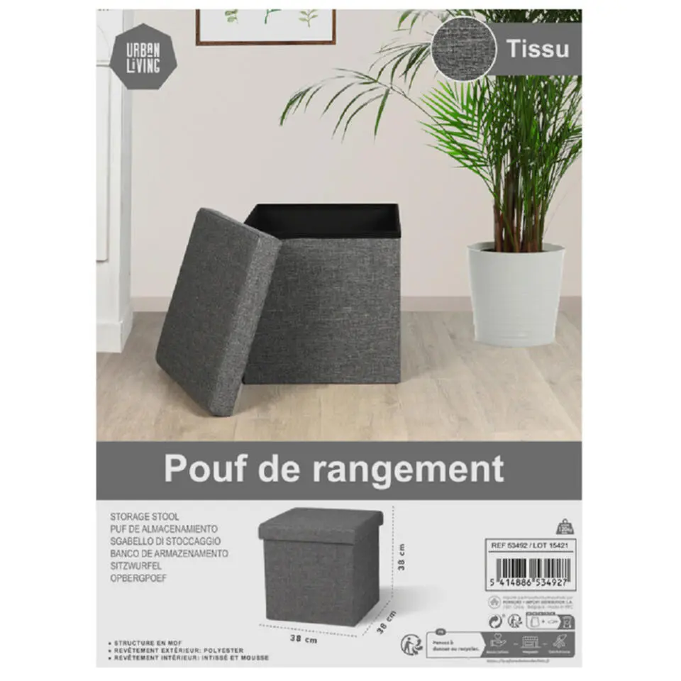 Urban Living poef/hocker/opbergbox - donkergrijs - mdf - 37 x 37 cm