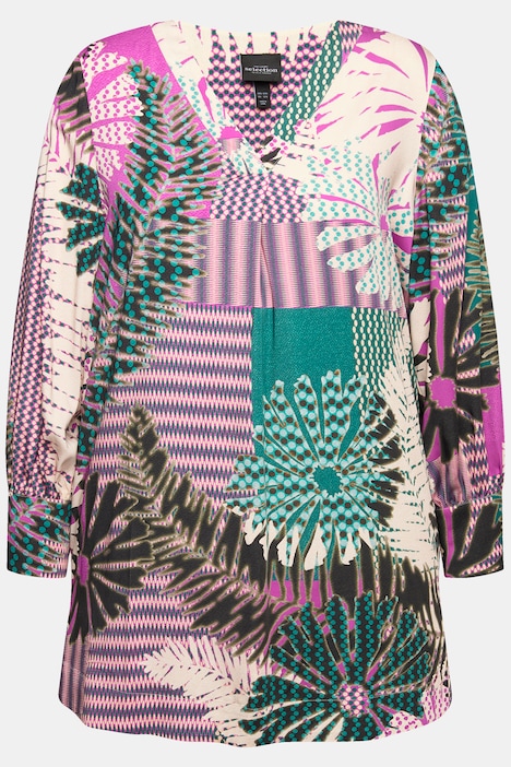 Blusenshirt, Blüten, A-Linie, V-Ausschnitt, Langarm