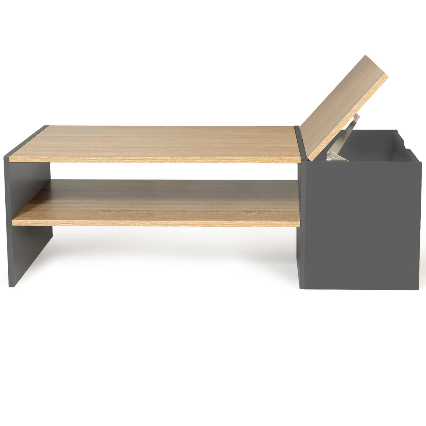 Table basse bar contemporaine rectangulaire IZIA avec coffre gris et plateaux bois