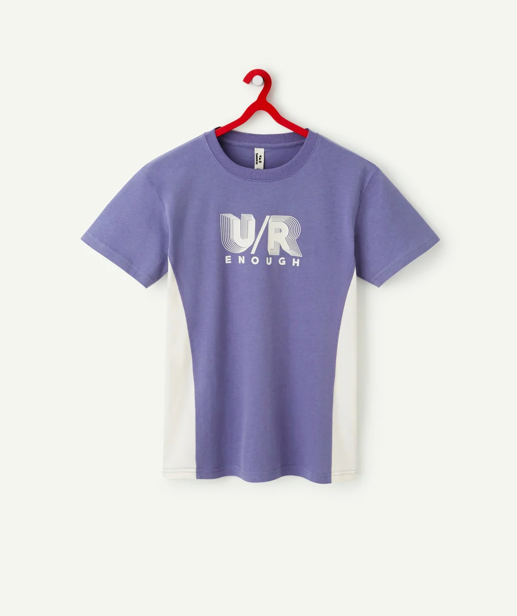 T-SHIRT GARÇON EN FIBRES RECYCLÉES VIOLET AVEC BANDES BLANCHES