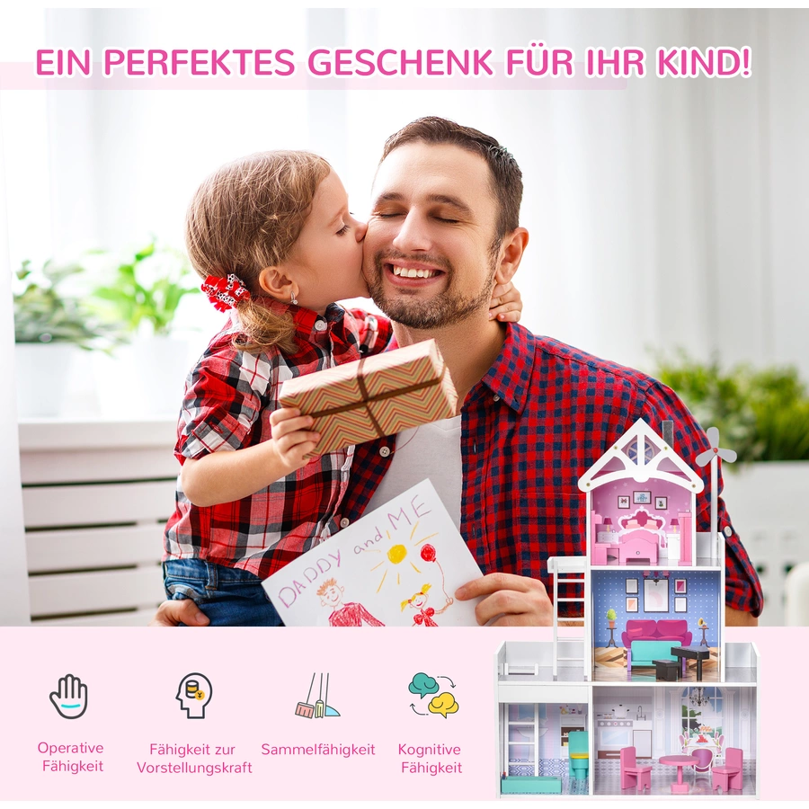 HOMCOM Kinder Puppenhaus mit 3 Etagen rosa