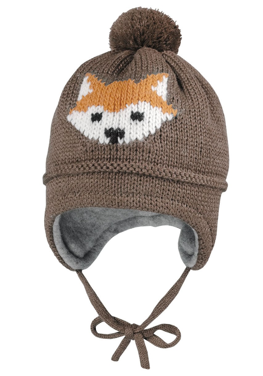 MAXIMO Strickmütze , mit Fuchsmotiv mit Pompon und Bindeband