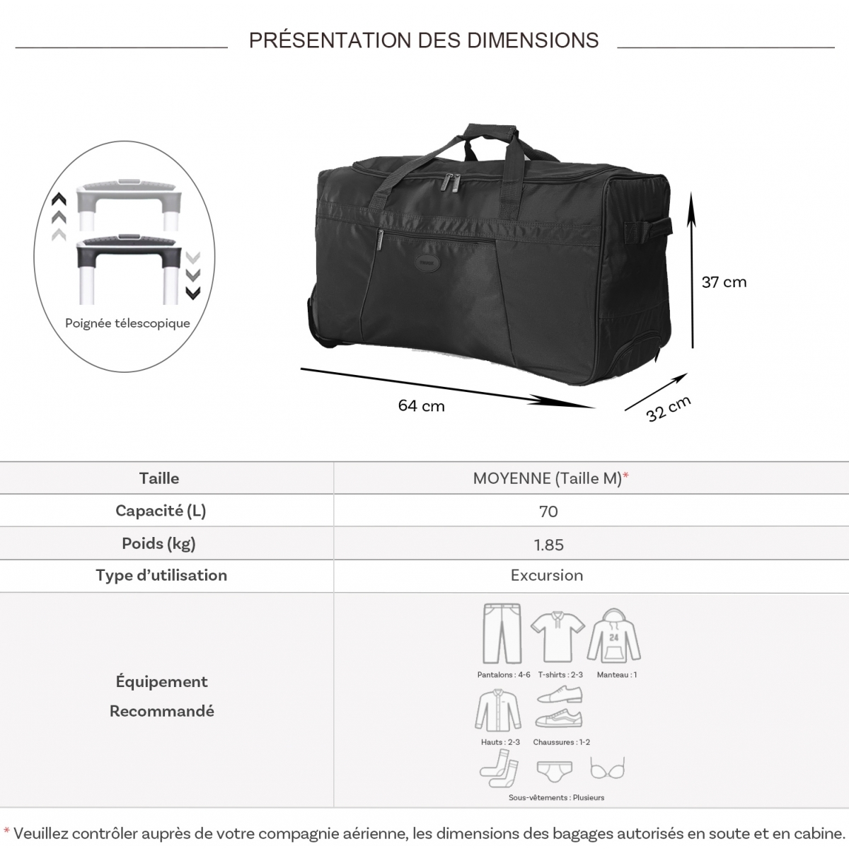 Truck Sac de voyage avec roulettes 70L Truck polyester taille M 64cm