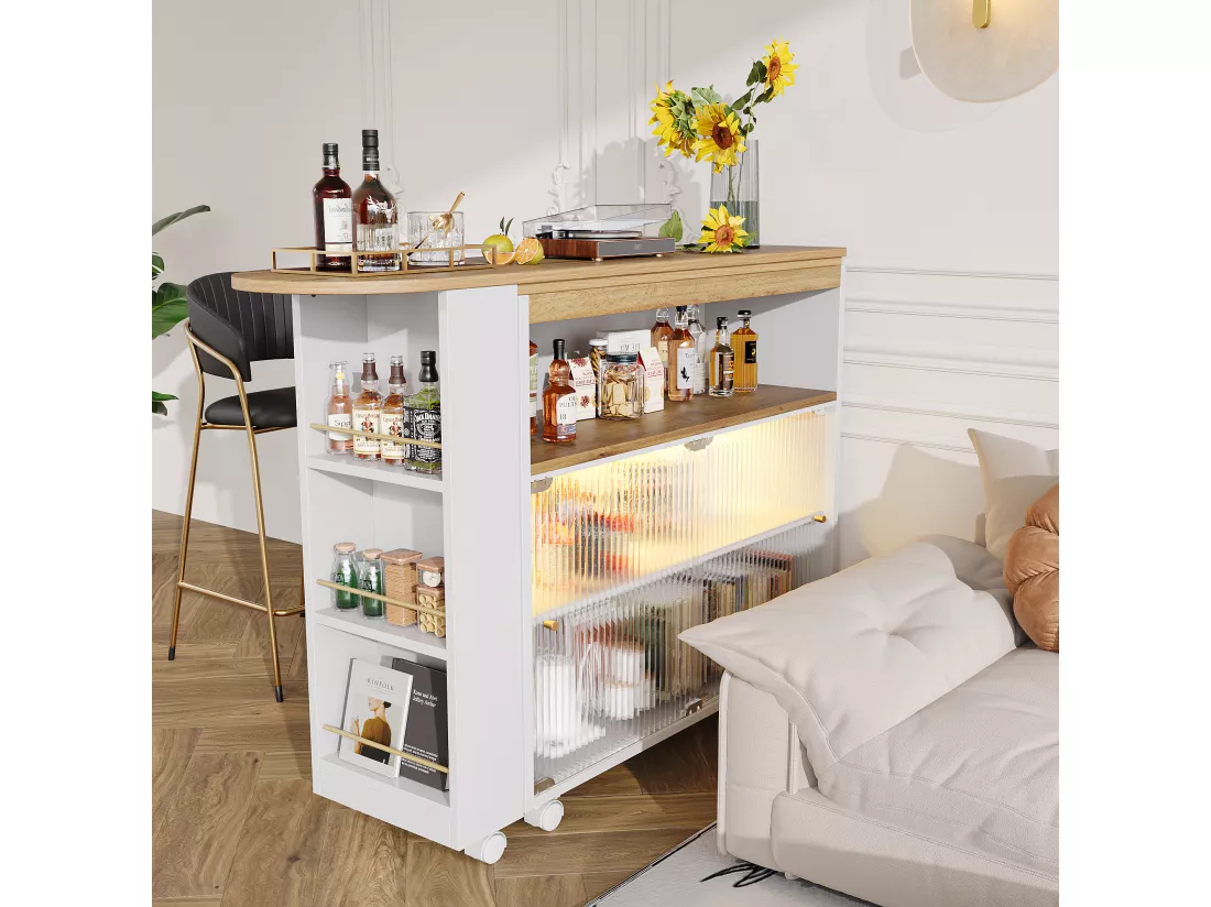 Buffet、Meuble de bar pivotant et escamotable avec LED - compartiments et étagère à épices - Blanc